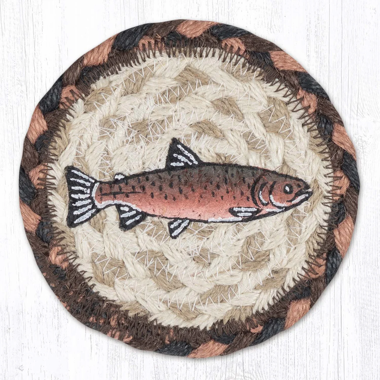 Round Hand Stenciled Coaster with Pink Salmon Design (Pack of 2)