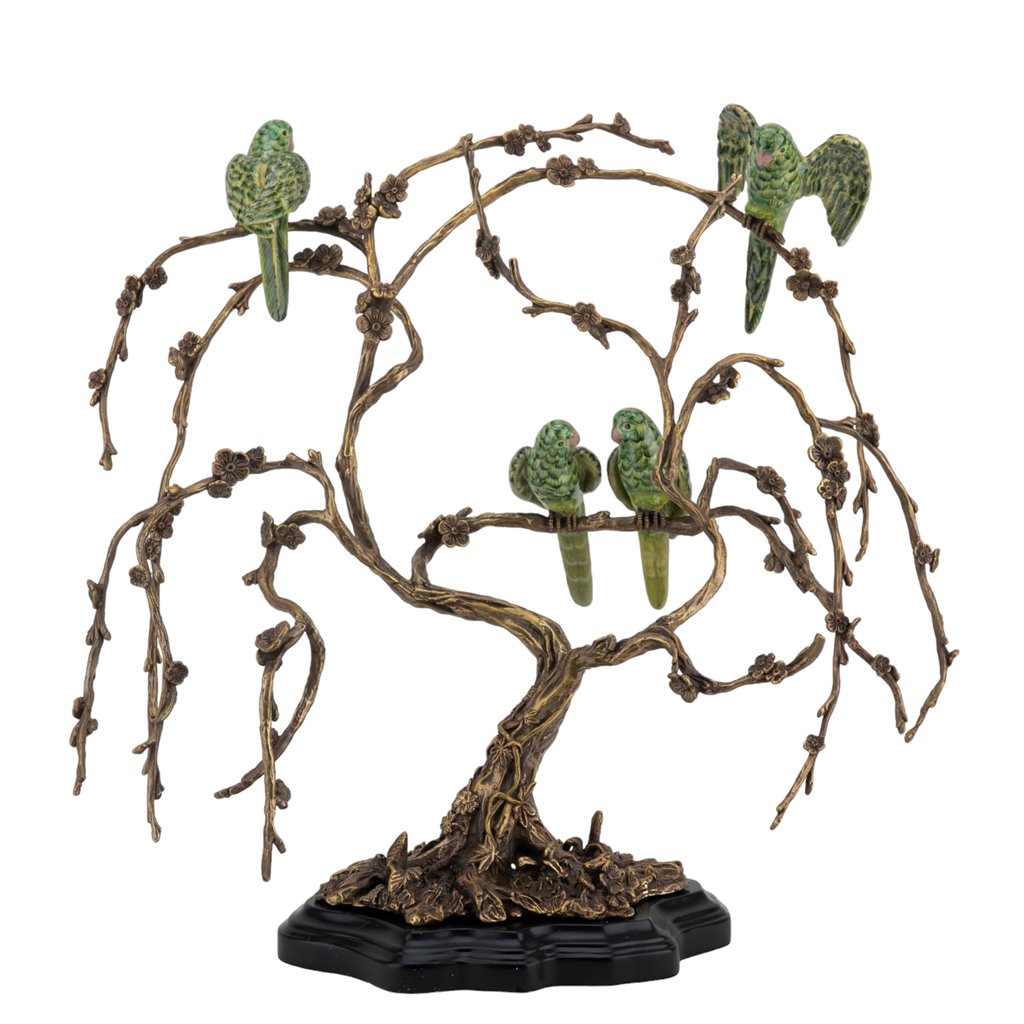 Porcelain Parrots On Tree Branch Figurine with Bronze Ormolu