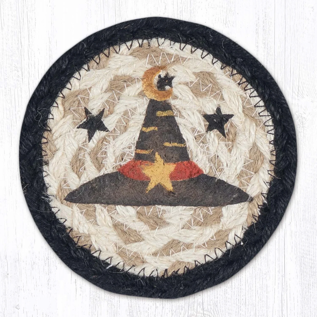 5" Round Hand Stenciled Coaster with Witch Hat Design (Pack of 2)