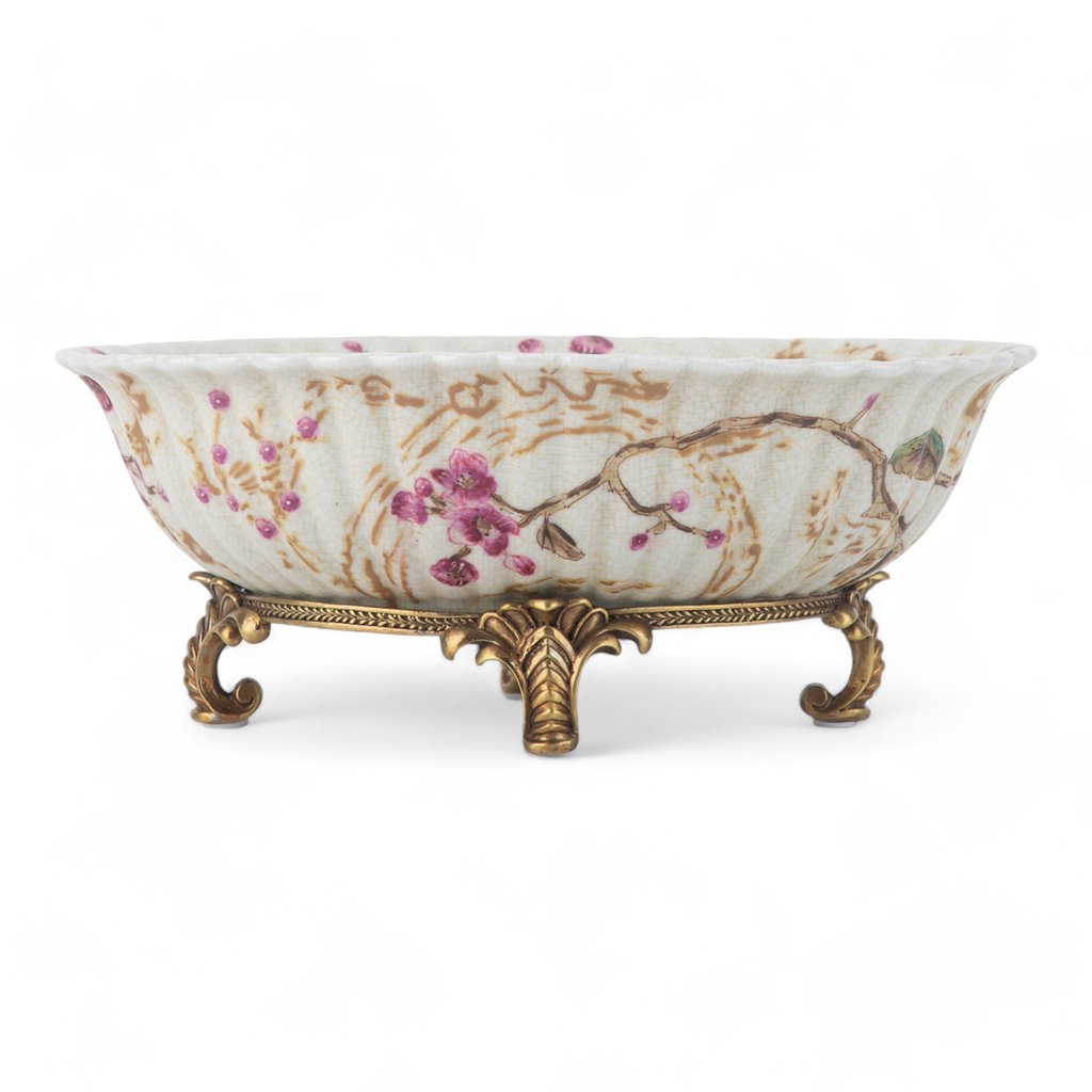 Porcelain Oval Birds and Blooms Basin with Bronze Ormolu
