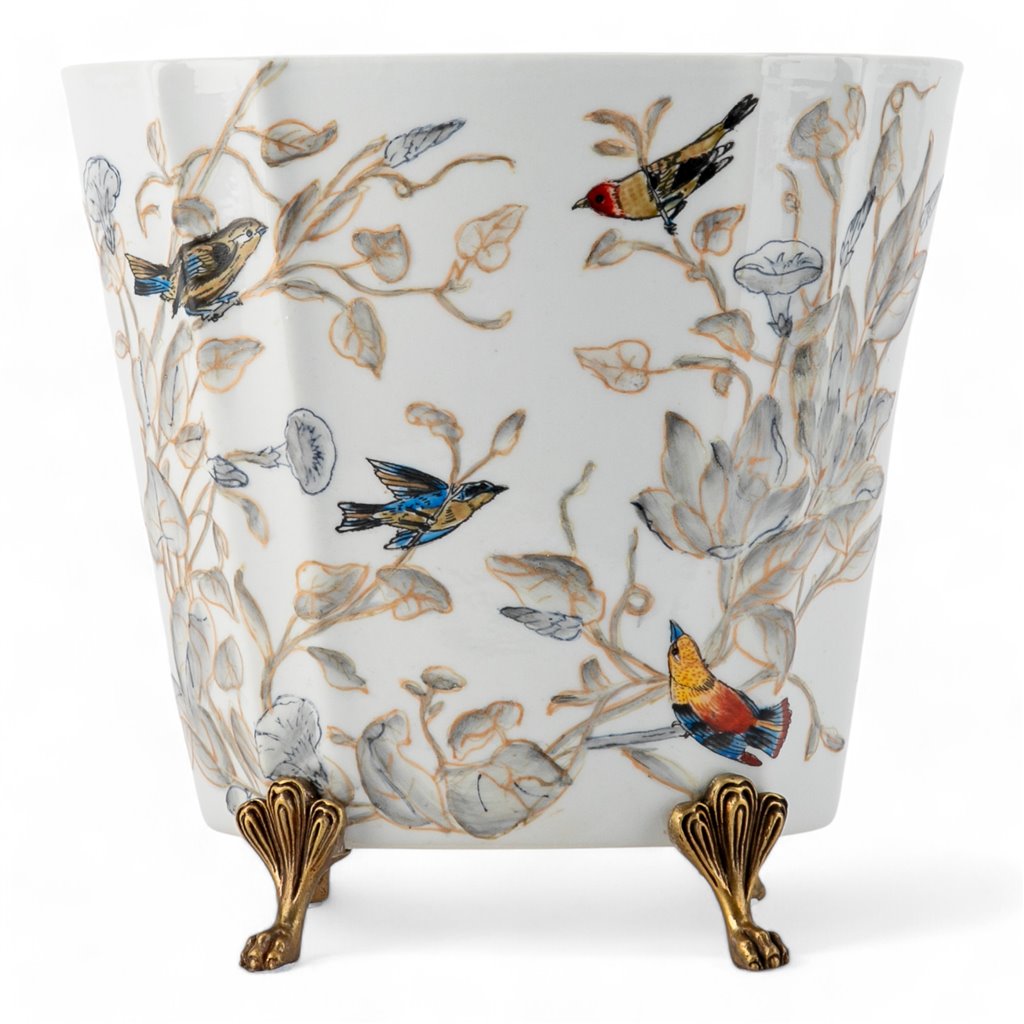Porcelain Oval Floral and Birds Basin with Bronze Ormolu