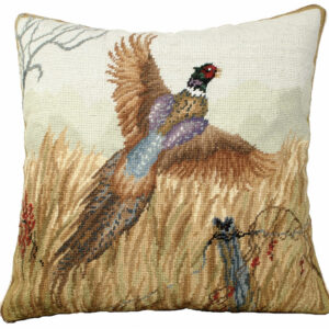 Autumn Pheasant Needlepoint Down Throw Pillow – Pheasant in Flight