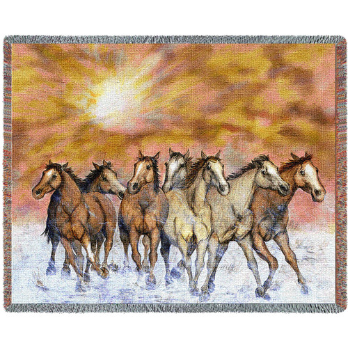 Sunset Run Wild Horses Cotton Woven Blanket Throw – Made in the USA (72×54)