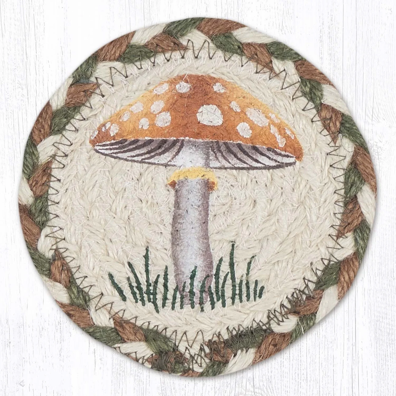Round Hand Stenciled Coaster with Light Mushroom Design (Pack of 2)