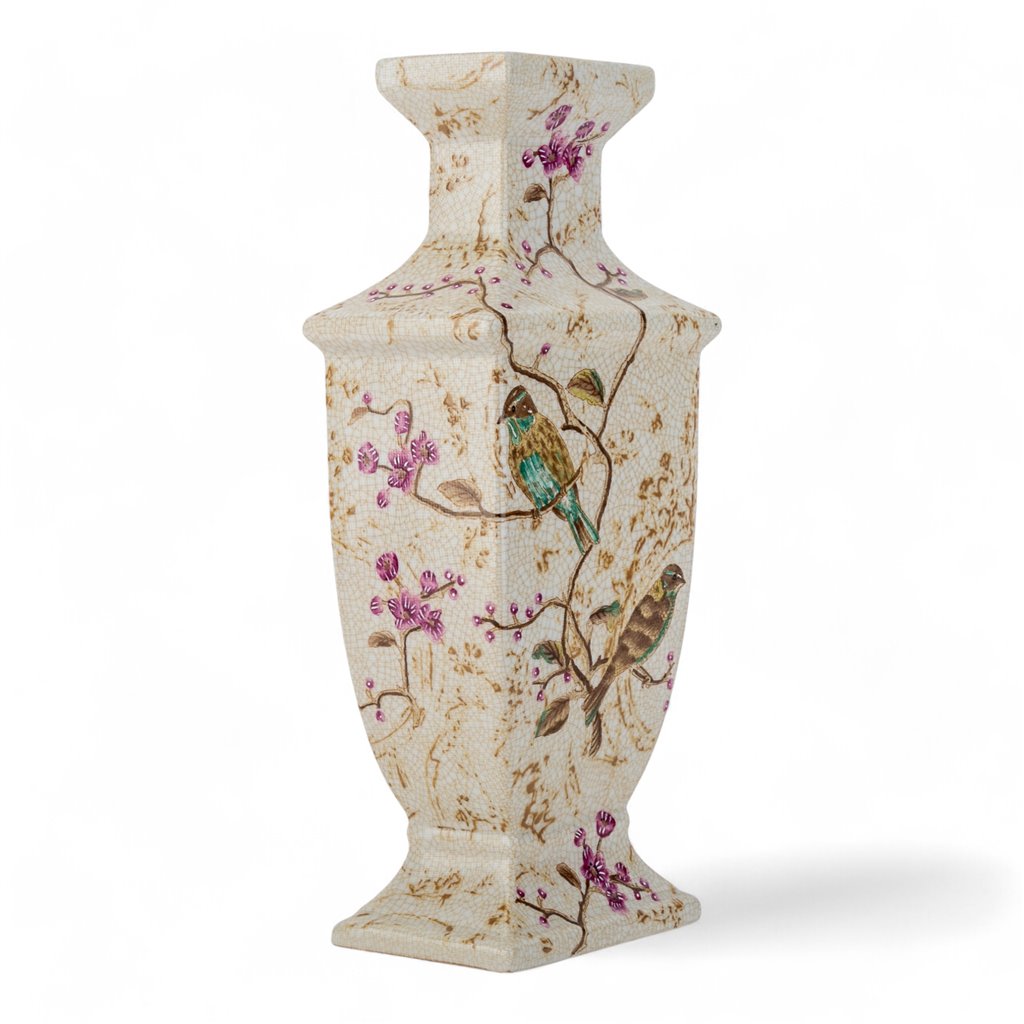 Porcelain Rectangular Birds and Blooms Vase with Bronze Ormolu
