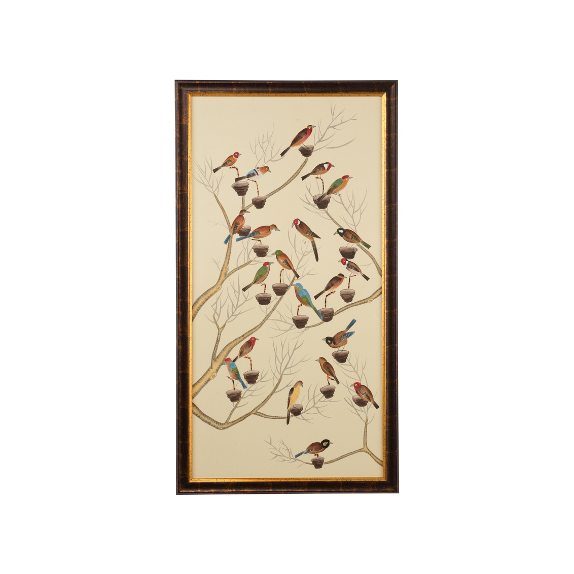 Small Aviary II – Watercolor on Silk Gold and Brown Frame with Glass – 60h x 32.5w x 1.5d Hand Painted