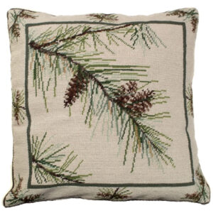 Pine Bough Needlepoint Down Throw Pillow – Realistic Pine Needles and Cones