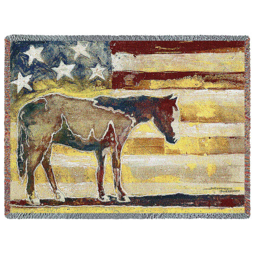 Horse Red White Blue – Cotton Woven Blanket Throw – Made in the USA (72×54)