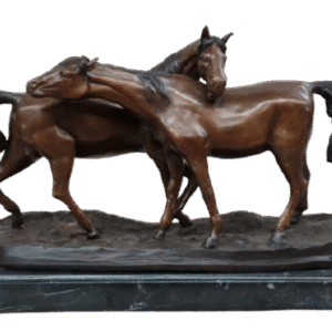 Bronze Horses Sculpture – Pair of Grazing Stallions Statue on Marble Base