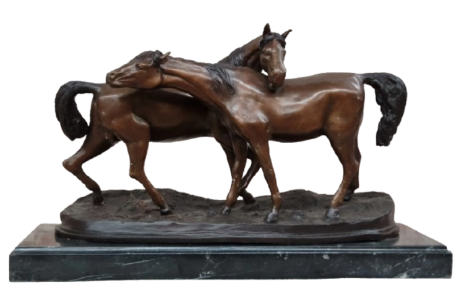 Bronze Horses Sculpture – Pair of Grazing Stallions Statue on Marble Base