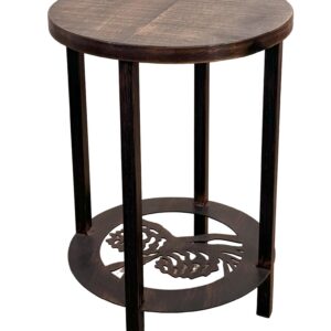Burnt Sienna Round End Table with Pine Cone Accent and Rough Sawn Top