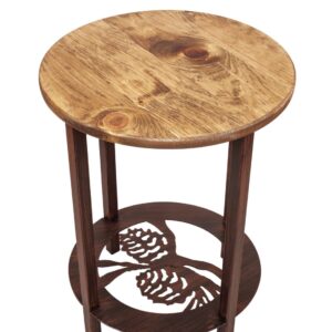 Burnt Sienna Round Iron/Wood End Table with Pine Cone Scene