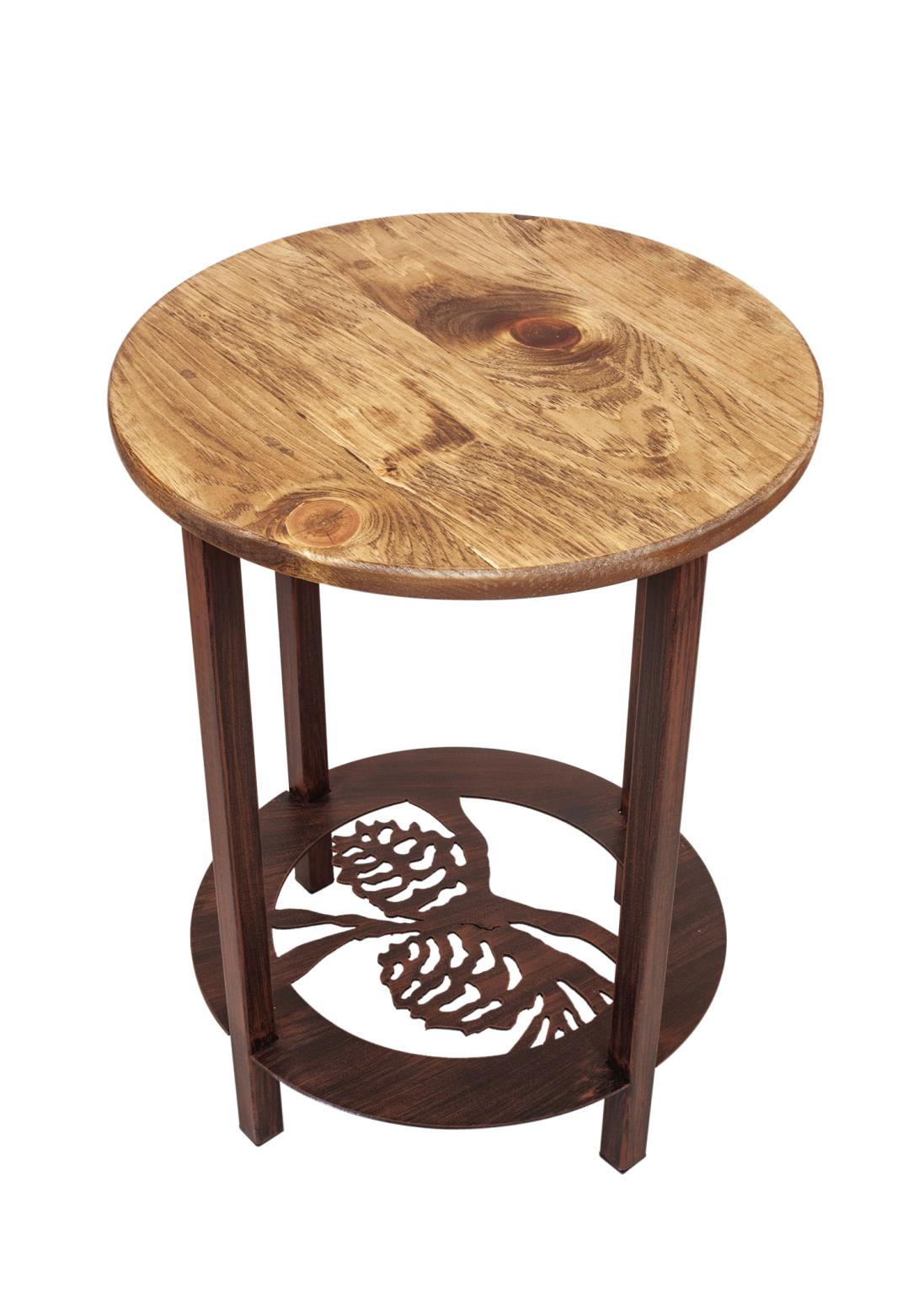 Burnt Sienna Round Iron Wood End Table with Pine Cone Scene