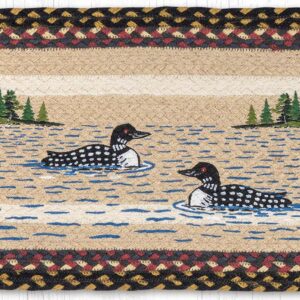 Hand Stenciled Oval Table Runner with Loon Patch Design 13"x36"