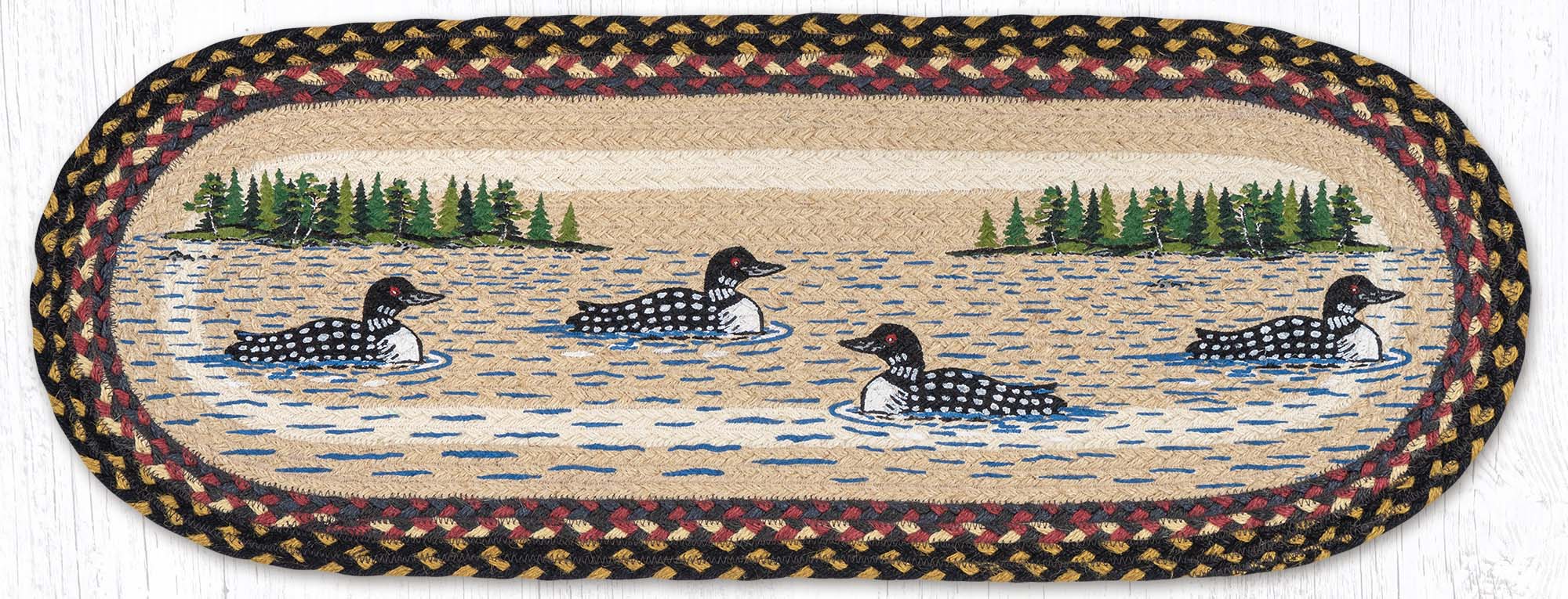 Hand Stenciled Oval Table Runner with Loon Patch Design