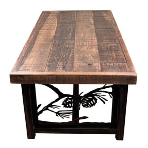 Iron Coffee Table with Pine Cone Accents and Rough Sawn Top