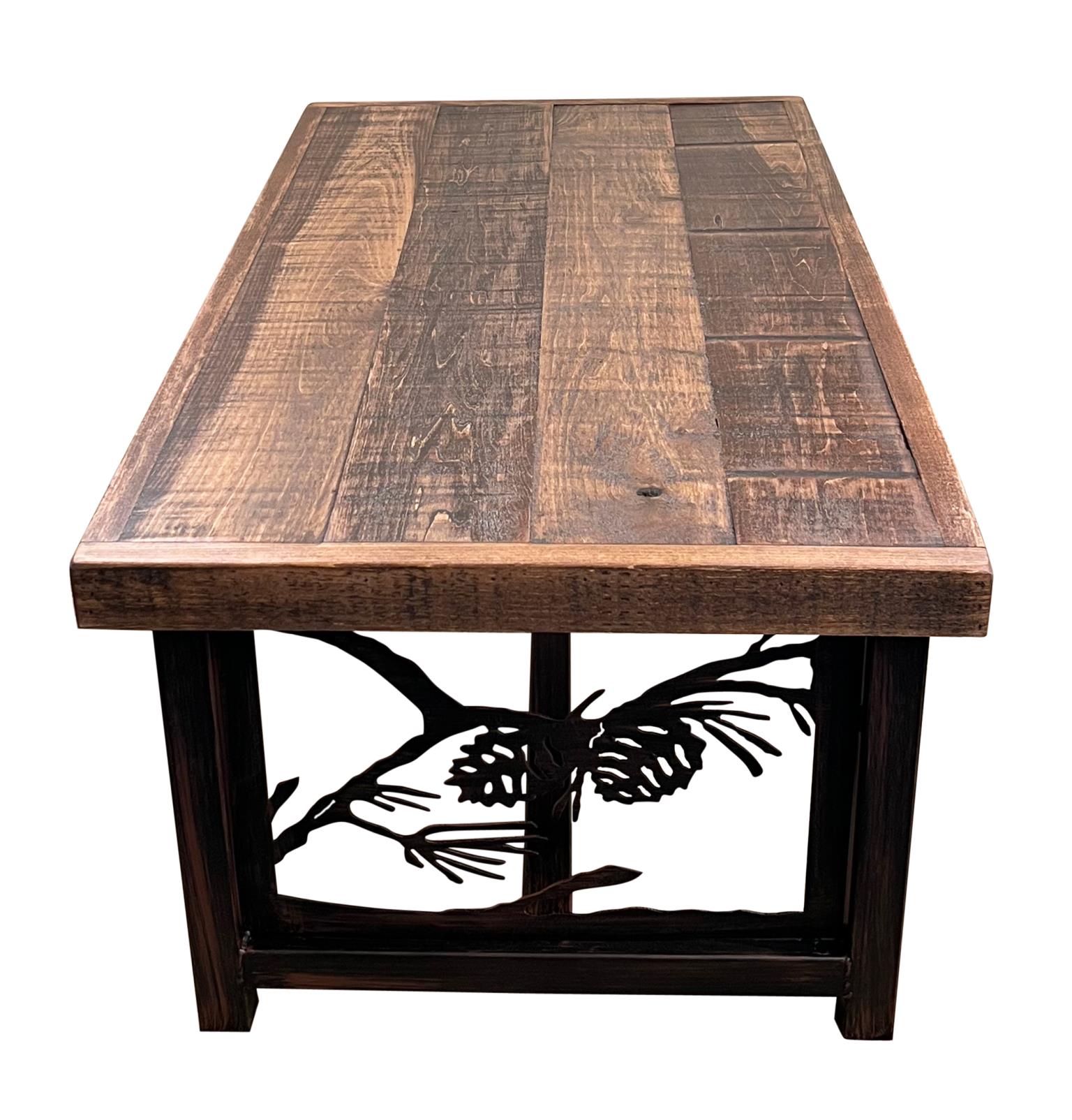 Iron Coffee Table with Pine Cone Accents and Rough Sawn Top