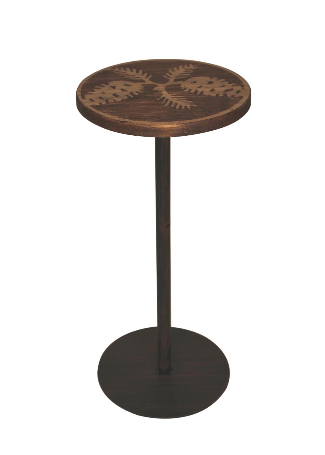 Round Wood Top Drink Table with Pine Cone Accent