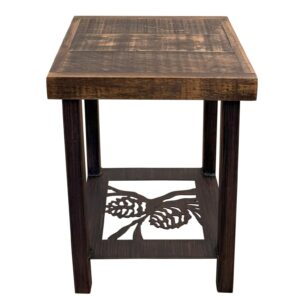 Square Iron End Table with Pine Cone Accent and Rough Sawn Top