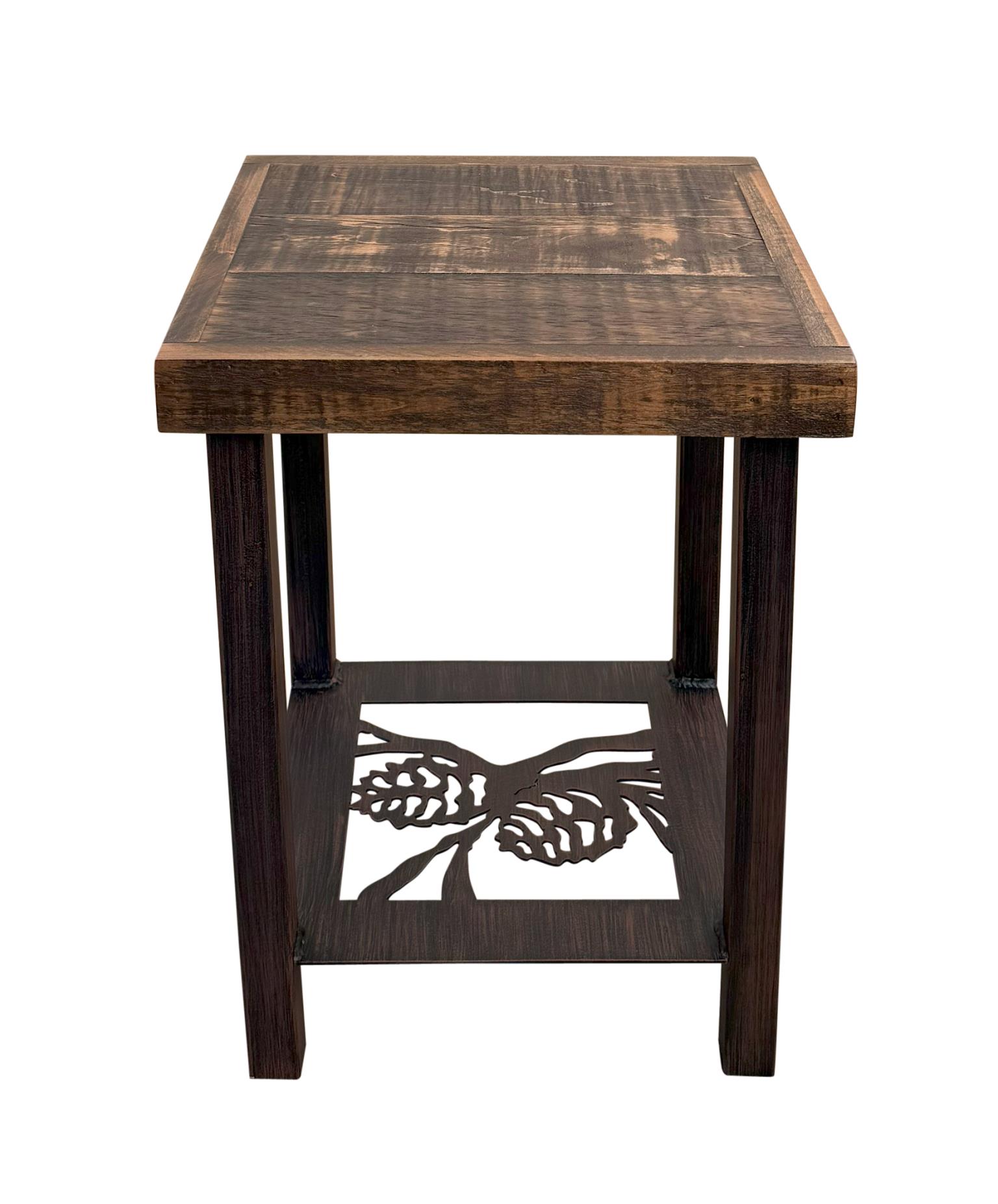Square Iron End Table with Pine Cone Accent and Rough Sawn Top