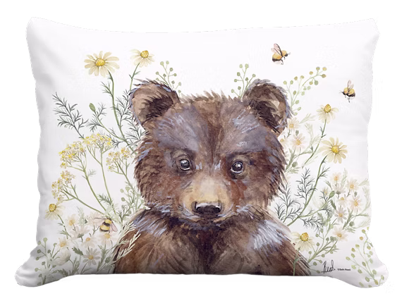 Bear with Daisies and Bees Pillow