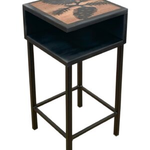 Black/Stain Wooden Drink Table with Iron Base and Shelf- Etched Pinecone Top
