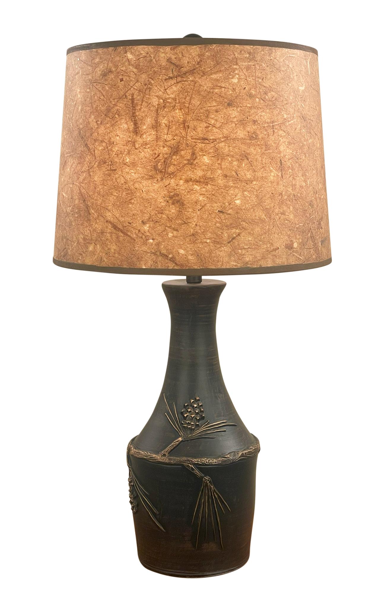 Burnt Sienna Gold Vase Table Lamp with Pine Cone Accent - Woodchip Shade