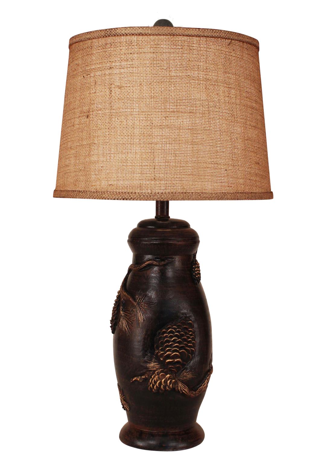 Burnt Sienna Pine Cone Table Lamp - Burlap Shade