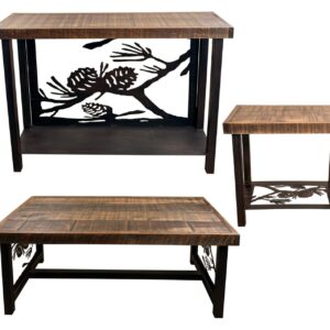 Burnt Sienna Pine Cone Table Set 2 - Coffee Table, Sofa Table and Rectangle Side Tables All with Rough Sawn Tops