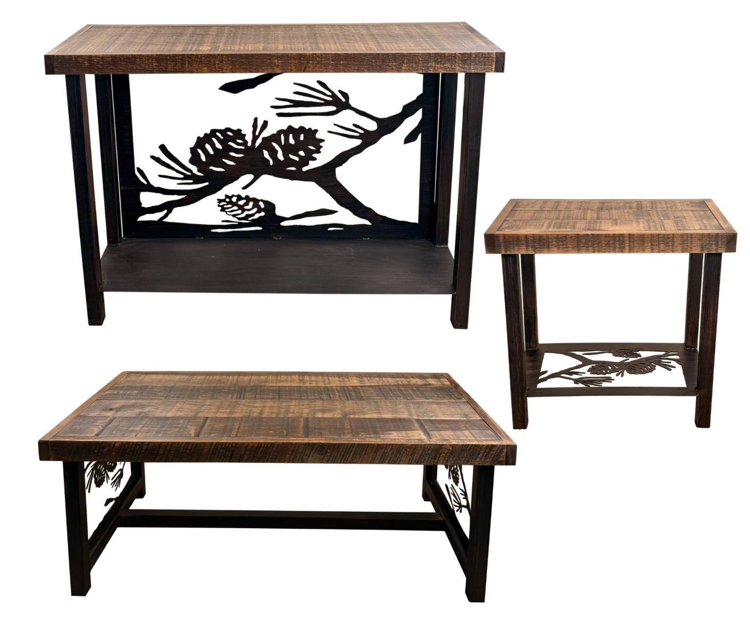 Burnt Sienna Pine Cone Table Set 2 - Coffee Table, Sofa Table and Rectangle Side Tables All with Rough Sawn Tops