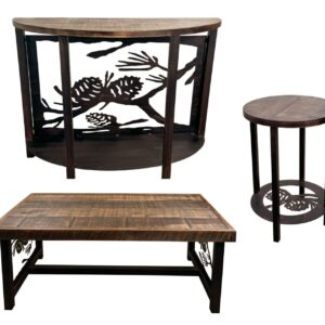 Burnt Sienna Pine Cone Table Set 3 - Coffee Table, Sofa Table and Round End Tables All with Rough Sawn Tops