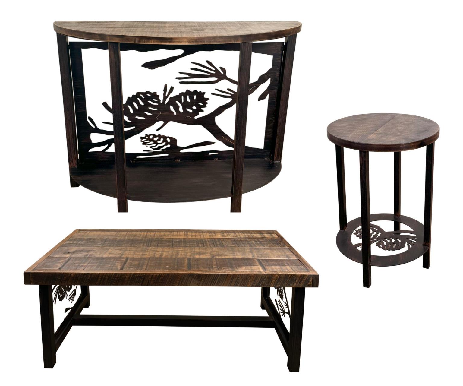 Burnt Sienna Pine Cone Table Set 3 - Coffee Table, Sofa Table and Round End Tables All with Rough Sawn Tops