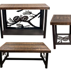 Burnt Sienna Pine Cone Table Value Set 1 - Coffee Table, Sofa Table and Square End Tables All with Rough Sawn Tops