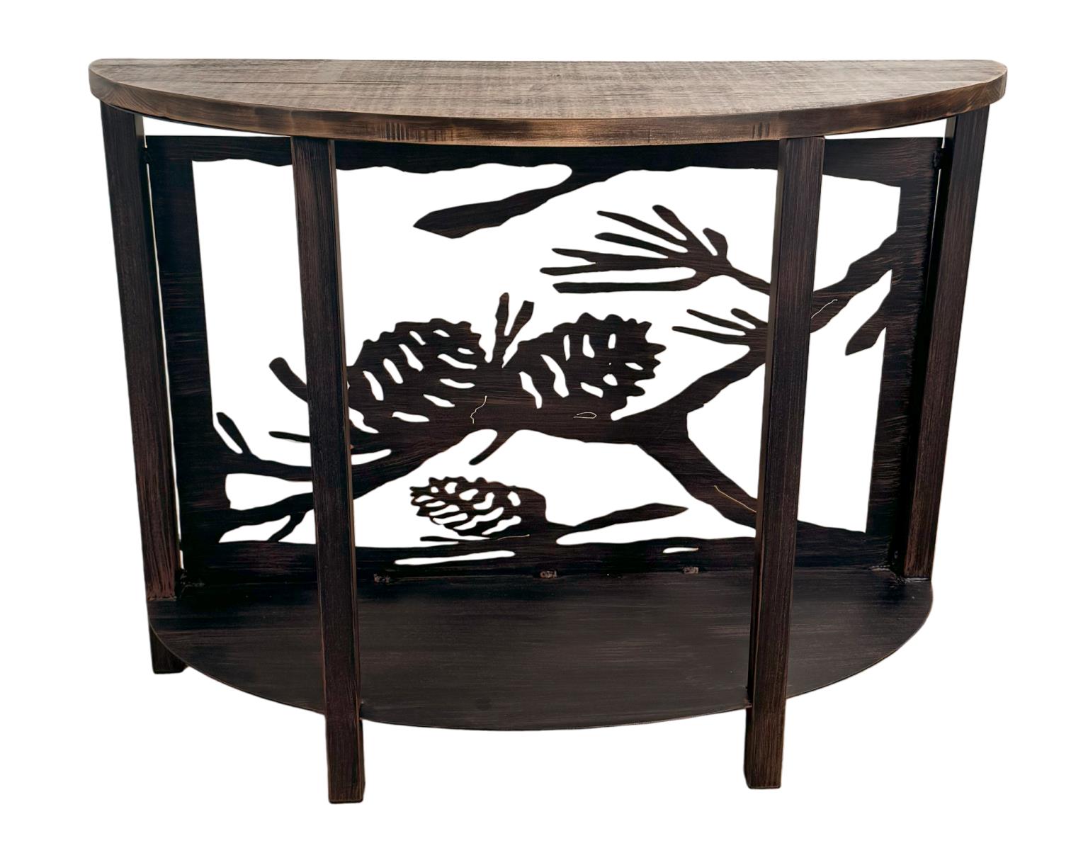 Burnt Sienna Rough Stain Rounded 3D Sofa Table with Pine Branch Scene