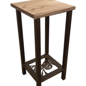 Burnt Sienna Square Iron Drink Table with Pinecone Accent and Wood Top