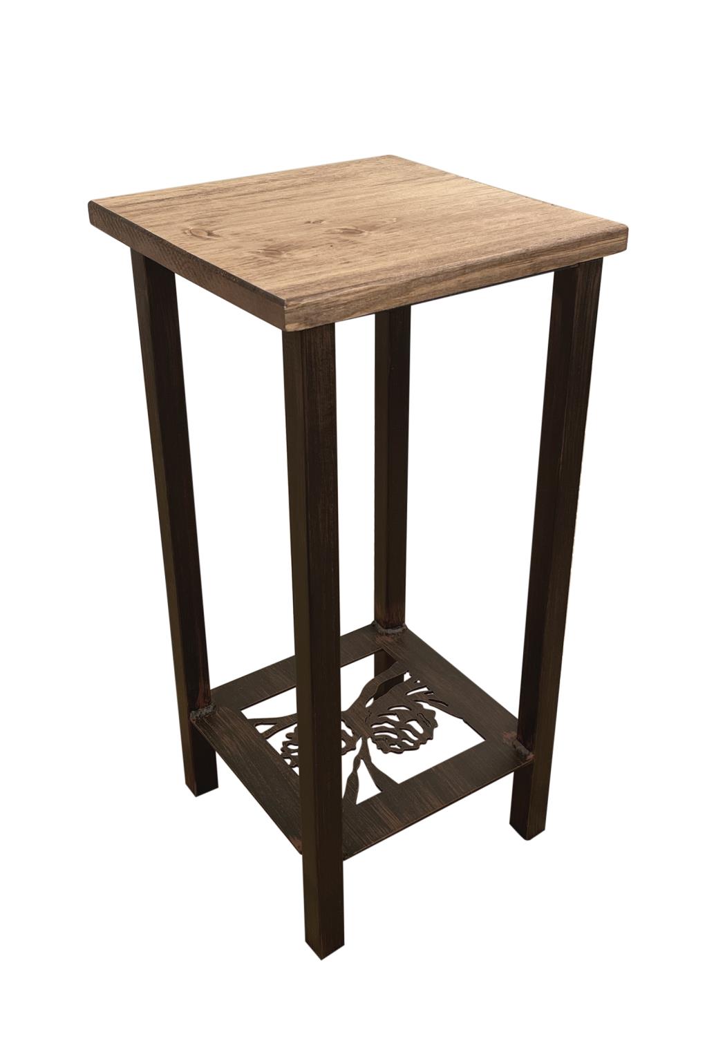 Burnt Sienna Square Iron Drink Table with Pinecone Accent and Wood Top