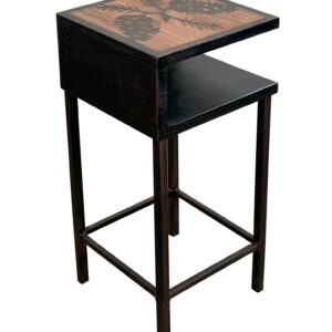 Burnt Sienna/Stain Wooden Drink Table with Iron Base and Shelf-Etched Pinecone Top - 23"