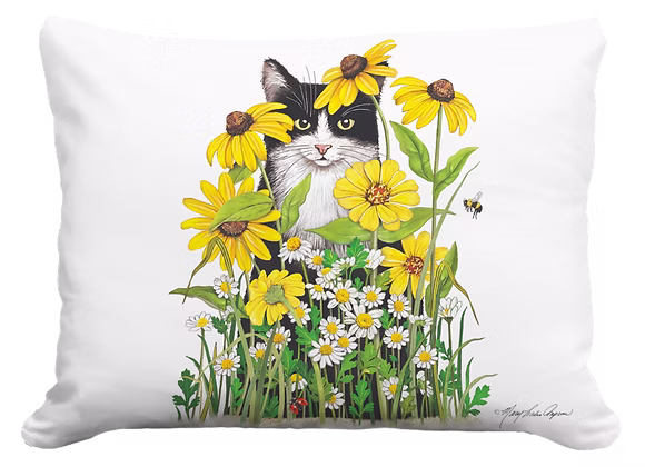 Cat with Daisies Pillow