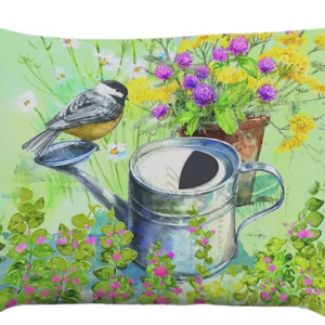 Chickadee with Watering Can Pillow