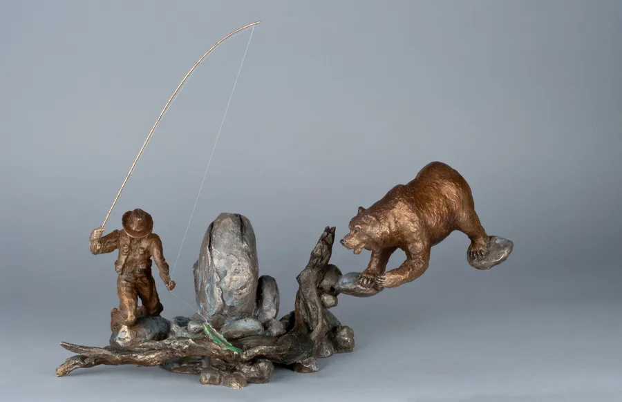 Convergence Bear and Fisherman Bronze Sculpture by Mark Hopkins