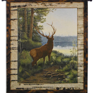 Elk by Oliver Kemp – Woven Tapestry Wall Art Hanging – Majestic Forest Cabin Artwork 64x53