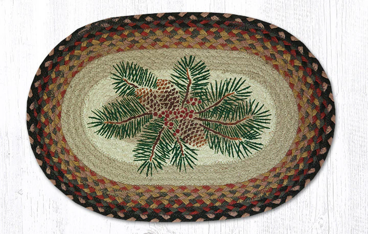 Hand Stenciled Oval Placemat with Pinecone Red Berry Design