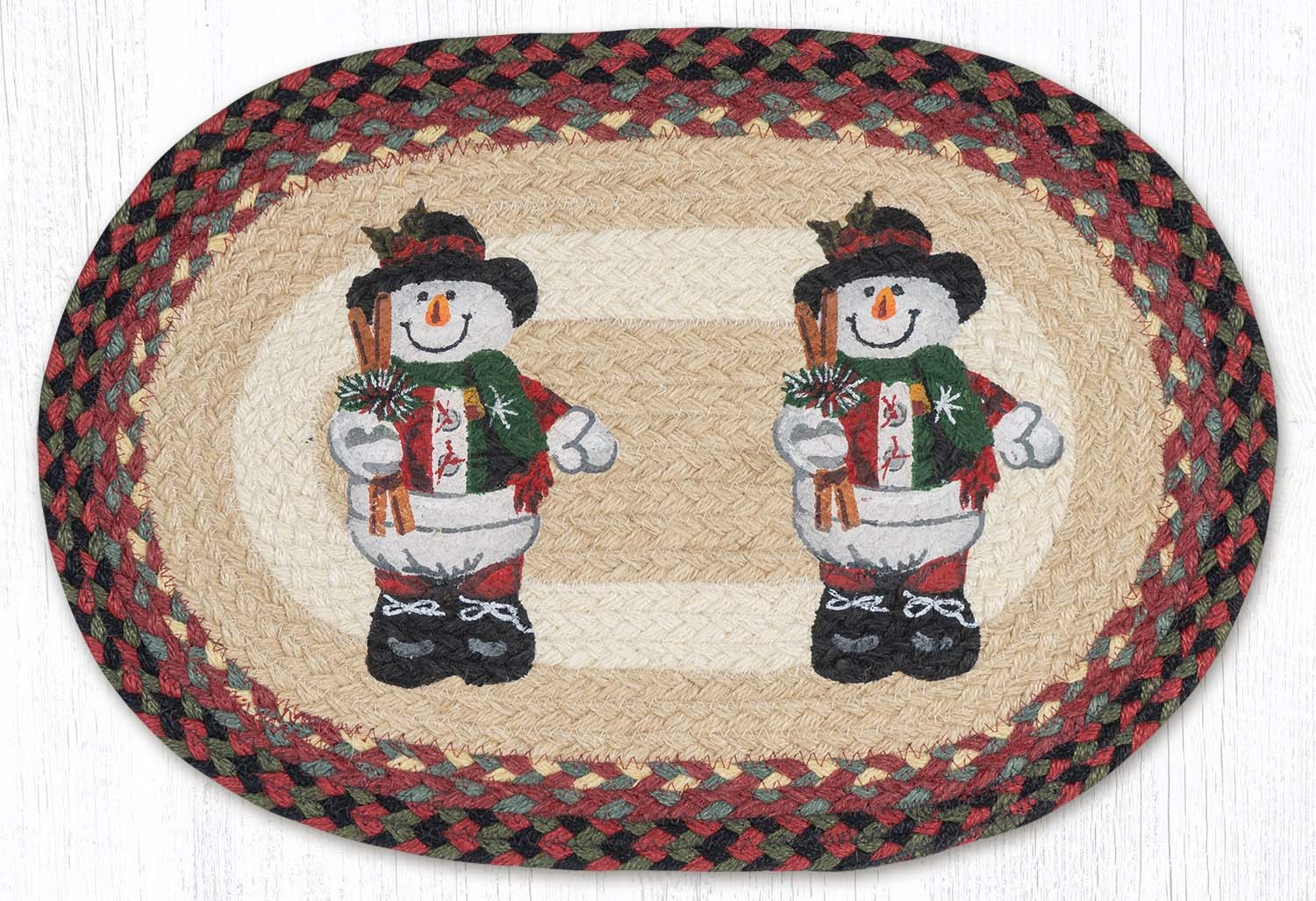 Hand Stenciled Oval Placemat with Snowman in Top Hat Design