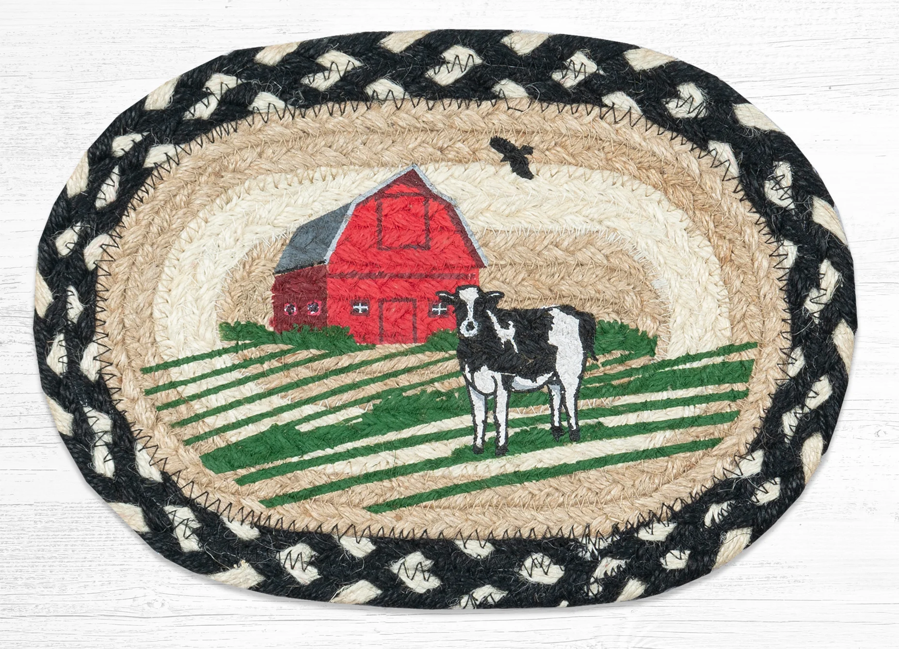 Hand Stenciled Oval Swatch with Red Barn Design