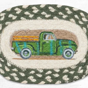 Hand Stenciled Oval Swatch with Vintage Green Truck Design 7.5" x 11"