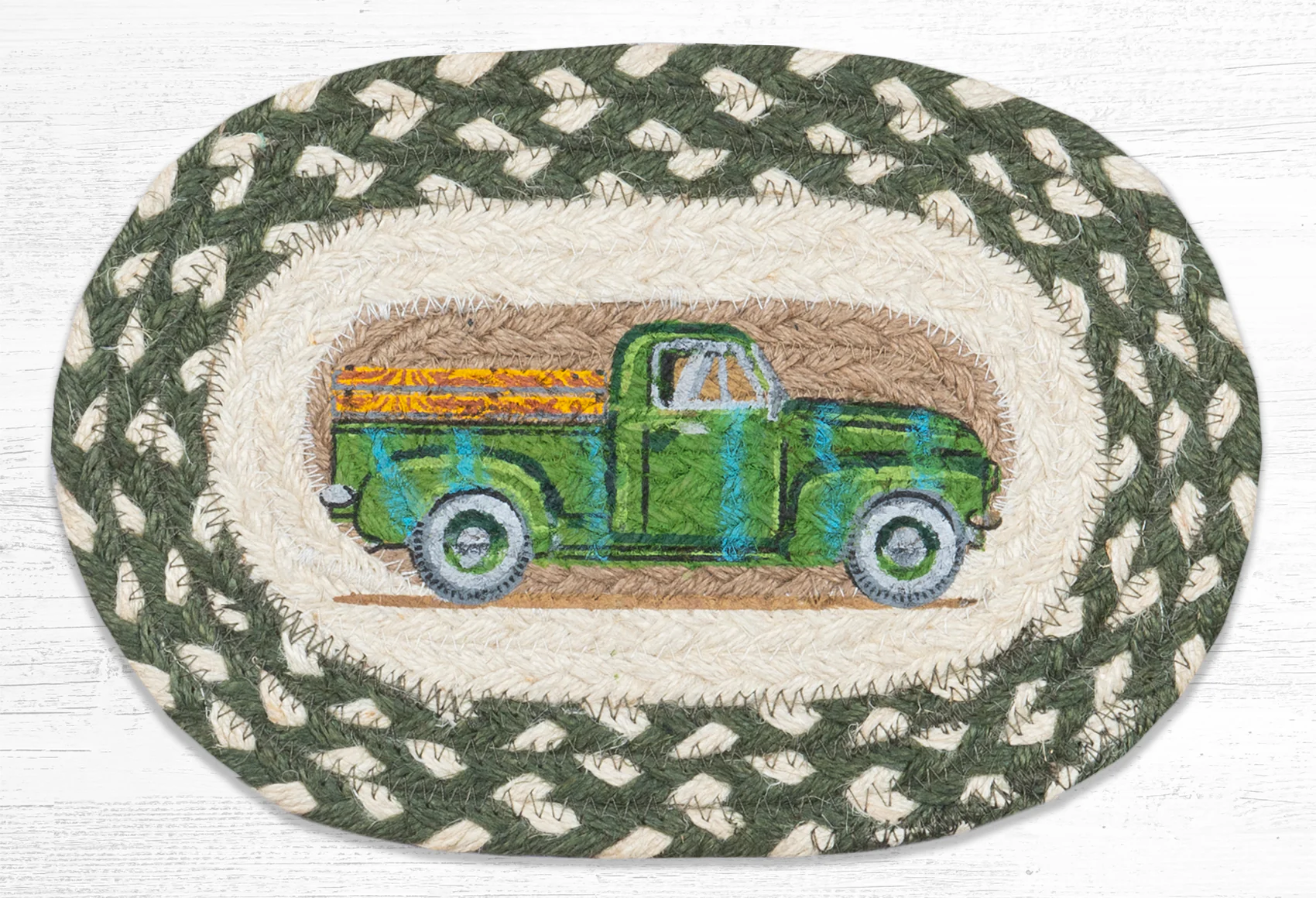 Hand Stenciled Oval Swatch with Vintage Green Truck Design