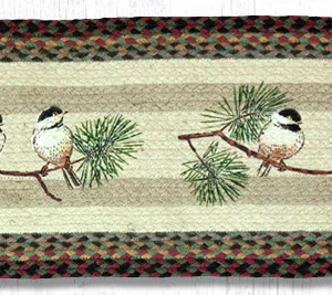Hand Stenciled Oval Table Runner with Chickadee Design 13"x36"