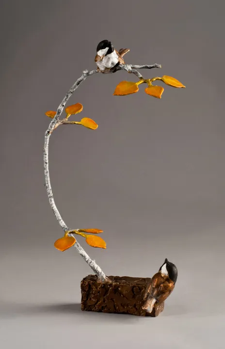 Oh, There You Are Bronze Chickadee Sculpture by Mark Hopkins