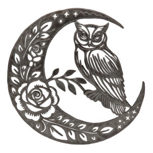 Owl in Floral Crescent Moon Recycled Steel Drum Wall Art 16.25"