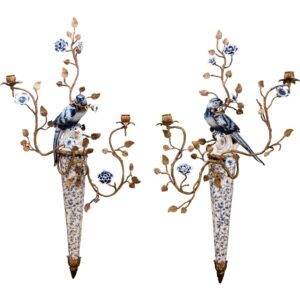 Pair of Porcelain Blue and White Wall Hanging Candle Sticks 30"
